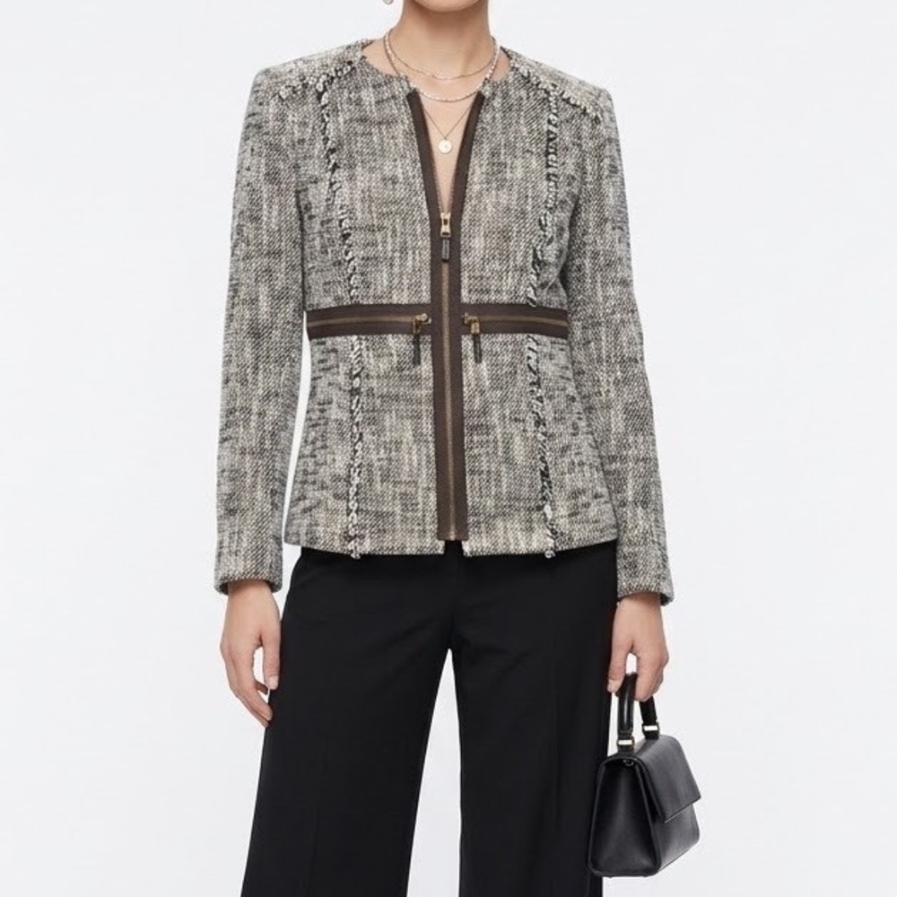 Etcetera Tweed Jacket 4 Leather Trim Zip Front Fringe Hem Blazer 100% Cotton
